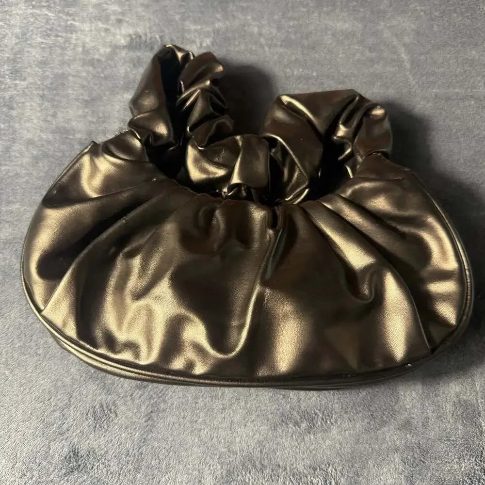 Metallic Bronze Ruched Faux Leather Clutch Hobo Bag